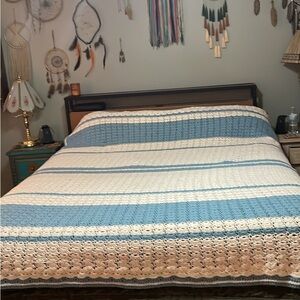 Blue and Cream Crocheted Bedspread